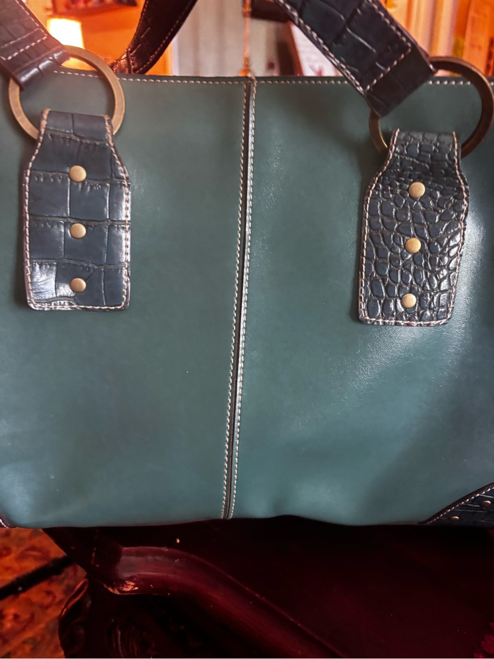 Structured Green Leather Tote Bag with Green Croc-Detail Handles NWOT